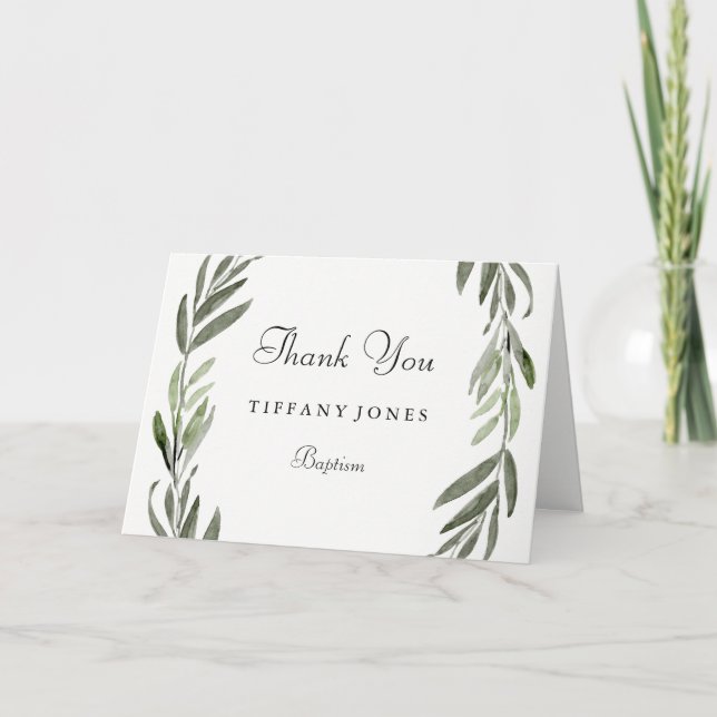 Modern Green Leaf Baptism Christening Thank You Card (Front)