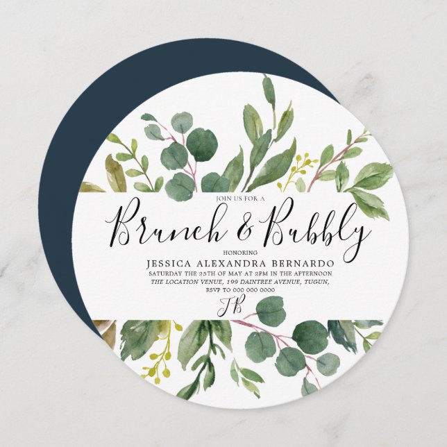 Modern Green Leaf Bridal Shower Brunch & Bubbly Invitation (Front/Back)
