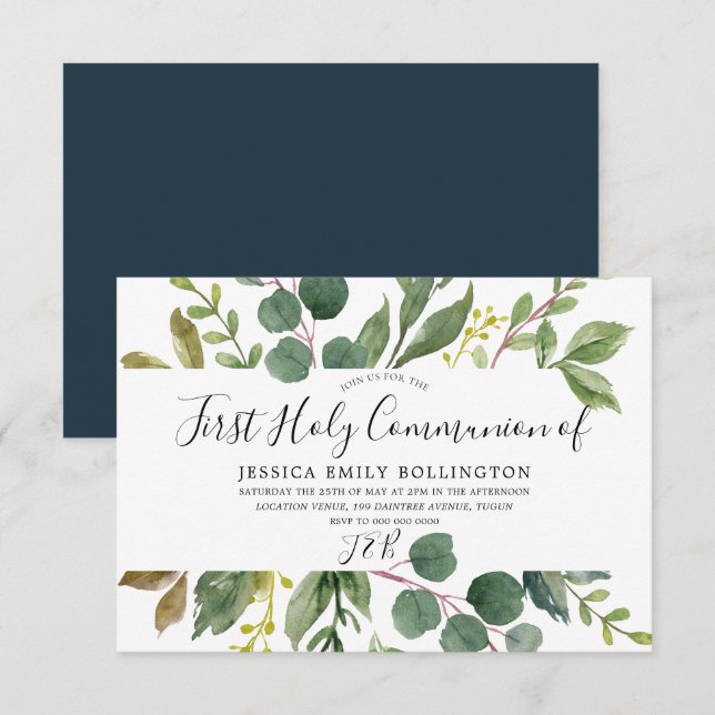 Modern Green Leaf First Holy Communion Invitation (Front/Back)