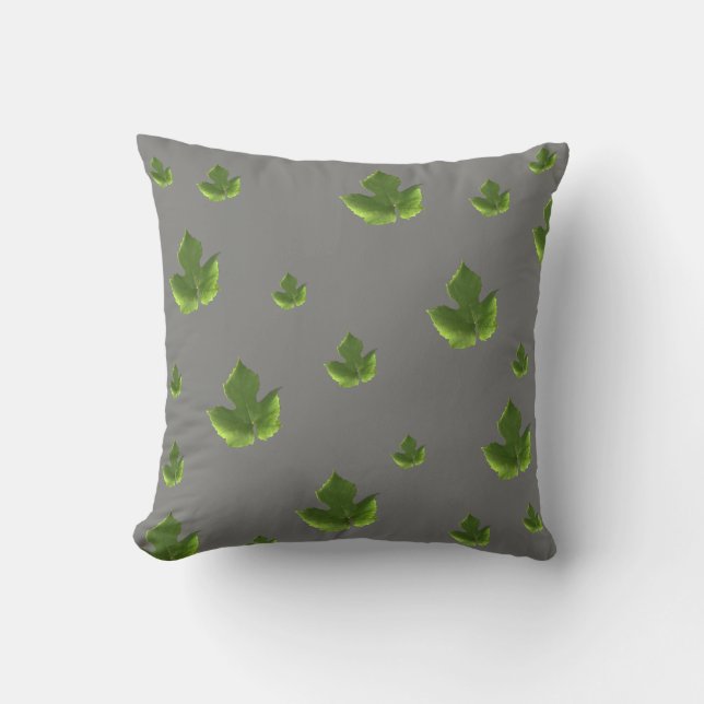 Modern green leaf leaves pattern on grey cushion (Front)
