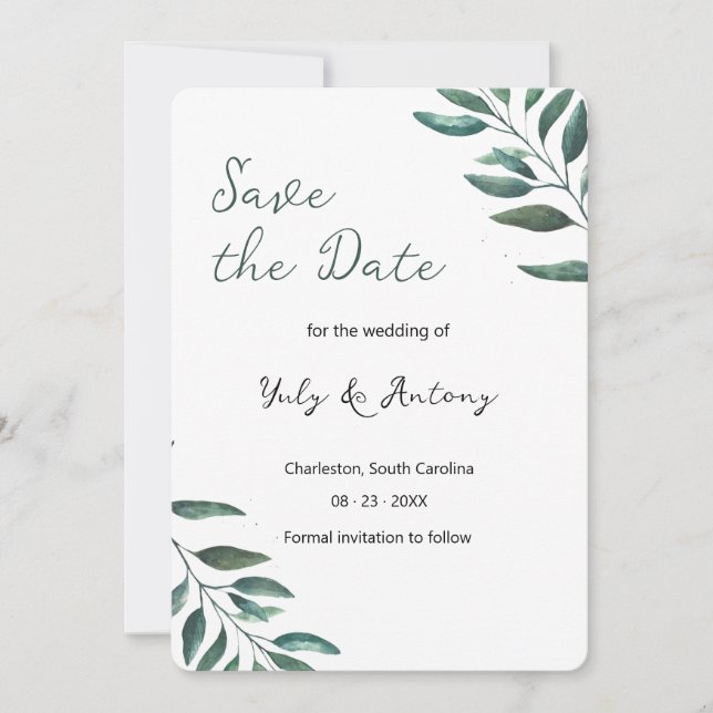 Modern Green Leaf Minimalist Elegant Save The Date (Front)