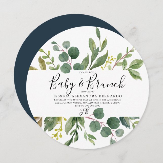 Modern Green Leaf Watercolor Baby Shower Brunch Invitation (Front/Back)