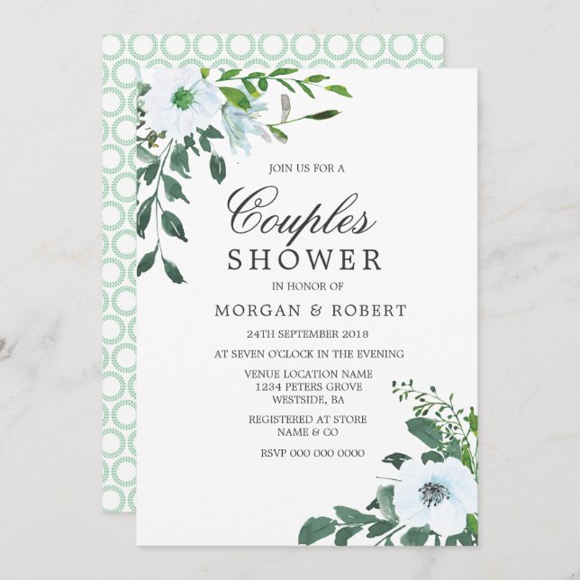 Modern Green Leaf White Floral Couples Shower Invitation (Front/Back)