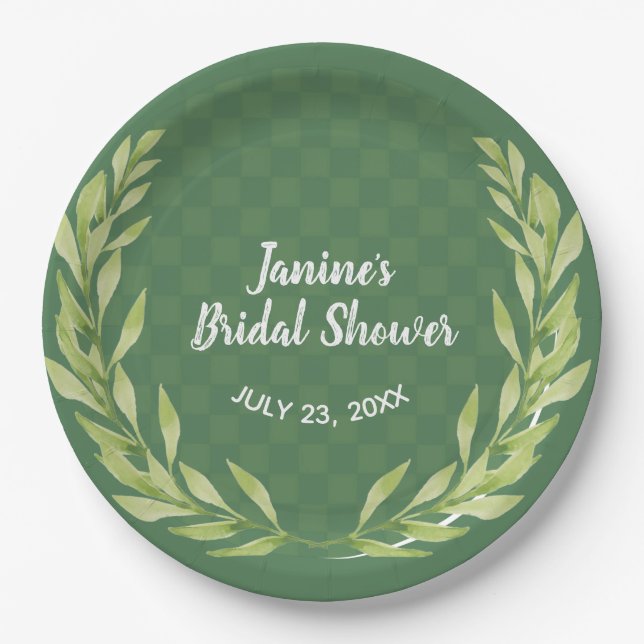 Modern Green Leaf Wreath Customisable  Paper Plate (Front)