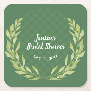 Modern Green Leaf Wreath Customisable Square Paper Coaster