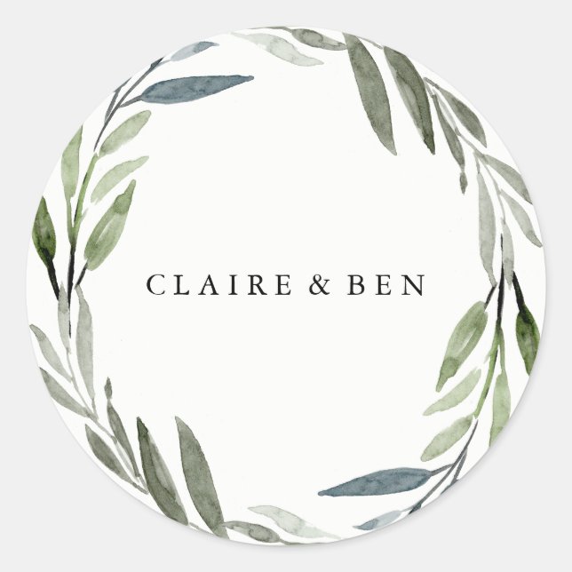Modern Green Leaf Wreath Wedding Sticker (Front)