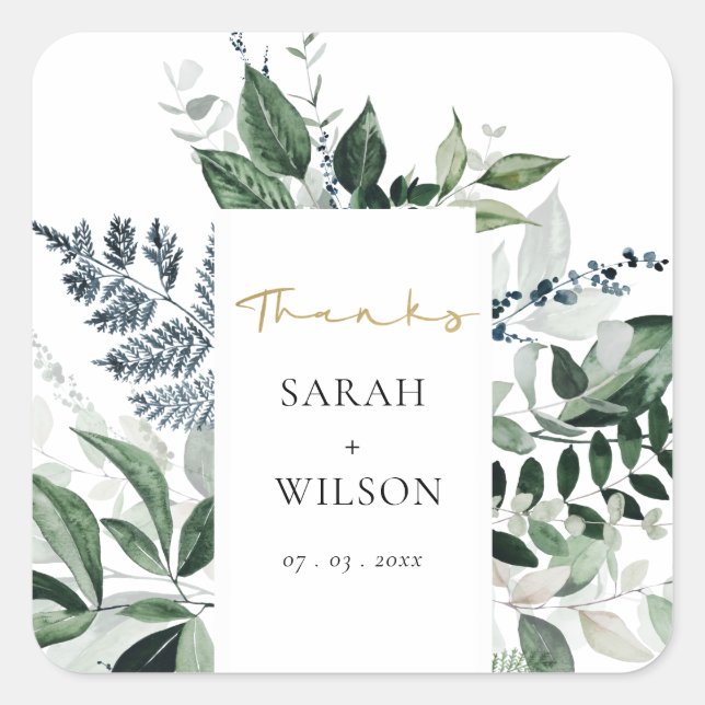 Modern Green Leafy Foliage Wedding Thanks Square Sticker (Front)