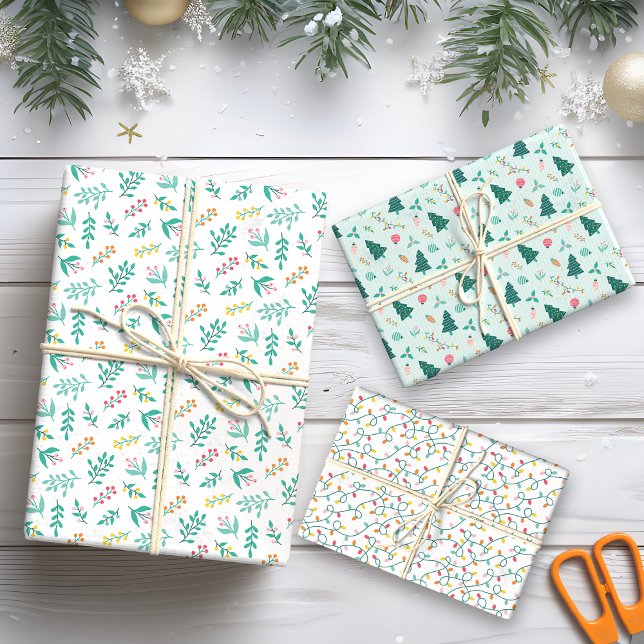 Modern Green leaves and Holiday Lights Christmas Wrapping Paper Sheet (Creator Uploaded)
