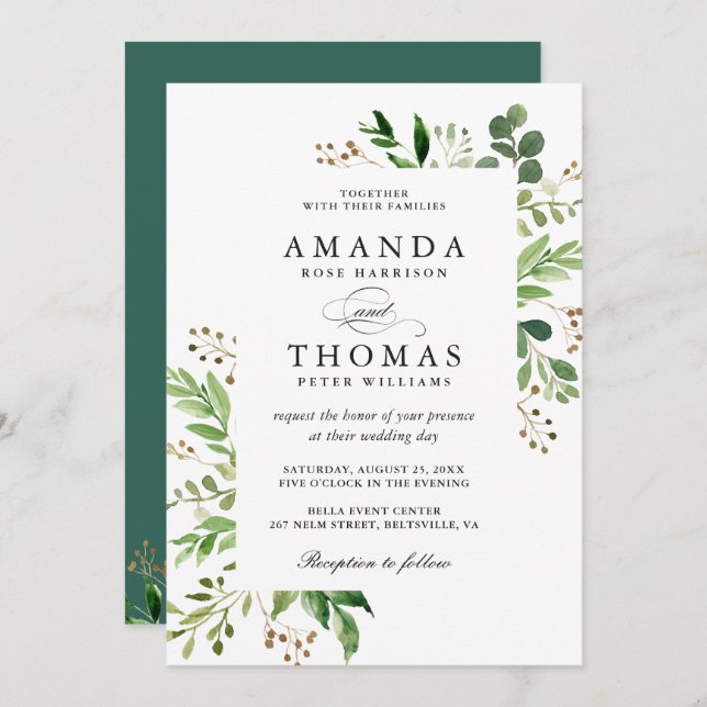 Modern Green Leaves Foliage Frame Wedding Invitation (Front/Back)