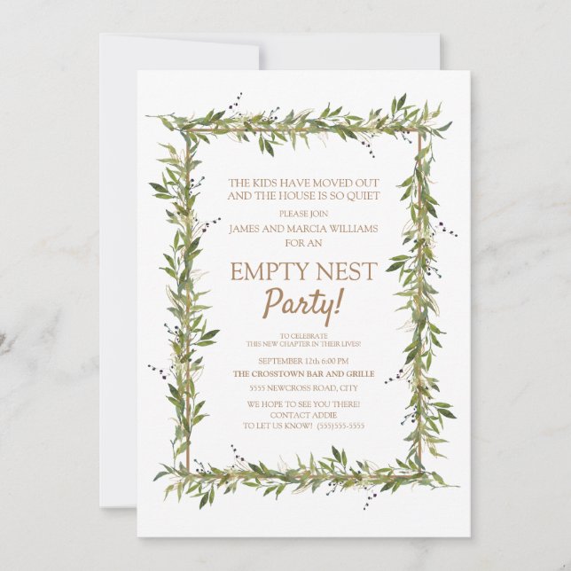 Modern Green Leaves Gold Empty Nest Party Invitation (Front)