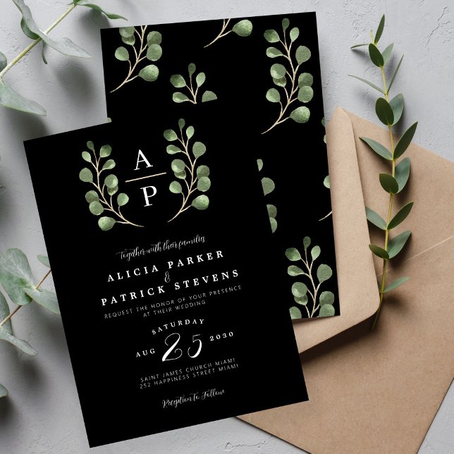 Modern green leaves monogram wedding   invitation (Creator Uploaded)