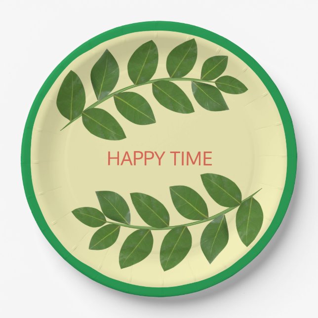 Modern green leaves paper plate (Front)