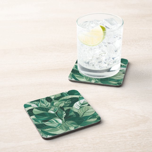 Modern Green Leaves Pattern Coaster (Right Side)