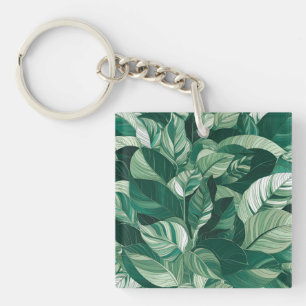 Modern Green Leaves Pattern Key Ring