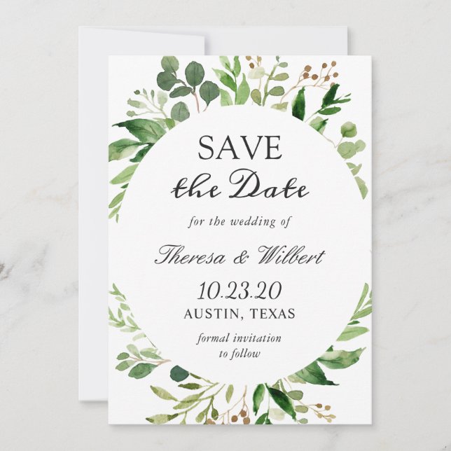 Modern Green Leaves Wreath Elegant Simple Wedding Save The Date (Front)