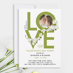 Modern Green Love Celebration Script Photo Floral Invitation