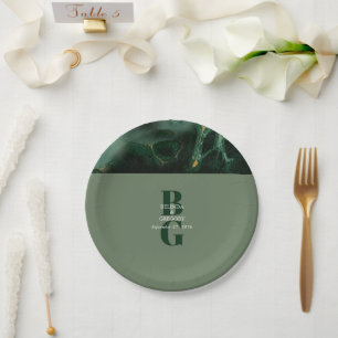 Modern Green Marble Monogram Wedding   Paper Plate