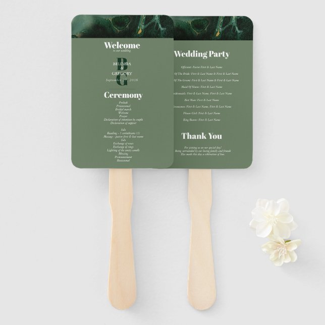Modern Green Marble Monogram Wedding Program Hand Fan (Front and Back)