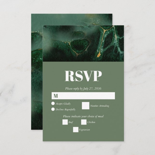Modern Green Marble Monogram Wedding  RSVP Card (Front/Back)