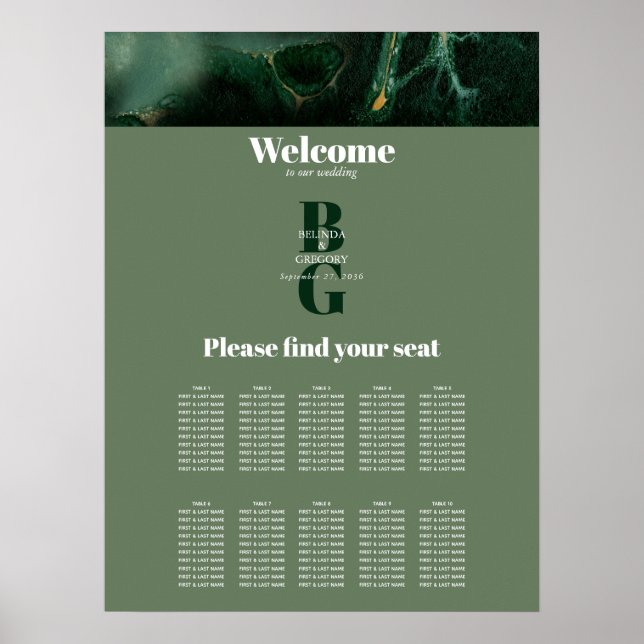 Modern Green Marble Monogram Wedding Seating Chart (Front)