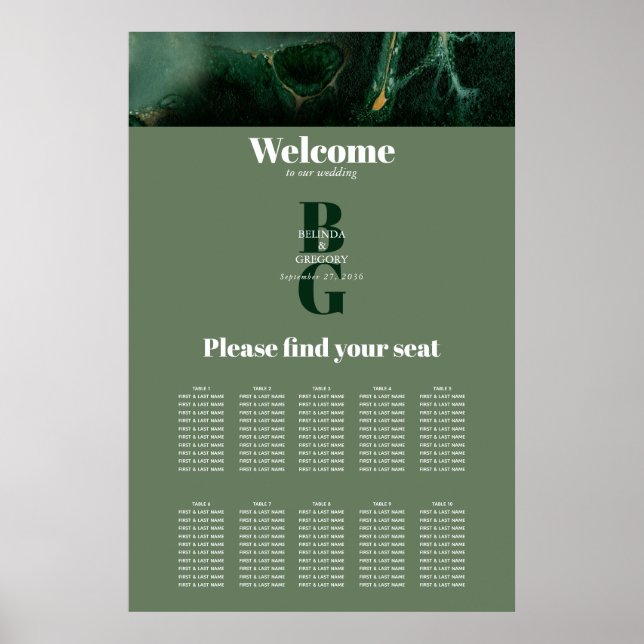 Modern Green Marble Monogram Wedding Seating Chart (Front)
