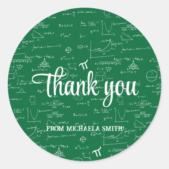 Modern Green Math Graduation Thank You Classic Round Sticker (Front)