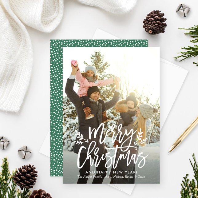 Modern Green Merry Christmas Brushed Script Photo Holiday Card (Creator Uploaded)