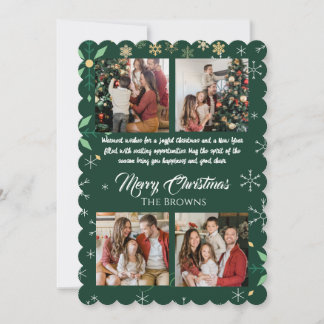 Modern Green Merry Christmas Four Photo Collage Holiday Card