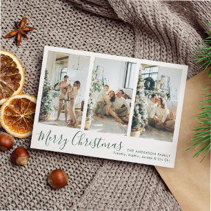 Modern Green Merry Christmas Four Photo Collage  Holiday Card