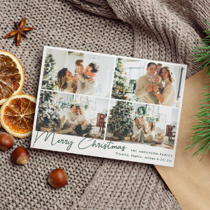 Modern Green Merry Christmas Four Photo Collage  Holiday Card
