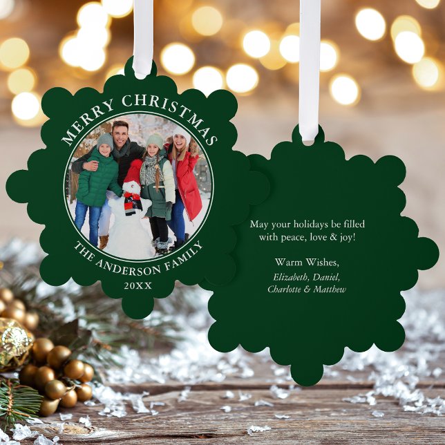 Modern Green Merry Christmas Photo Tree Decoration Card (A greeting card that is also an ornament! Customize with your photo and personalized text.)