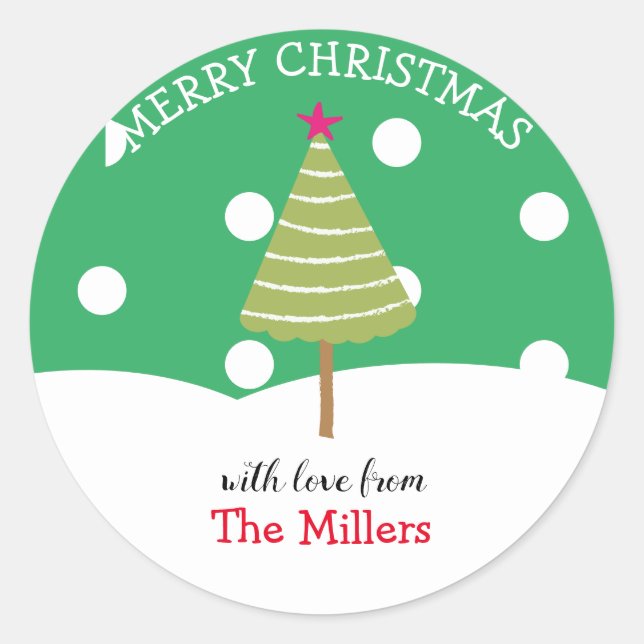 Modern Green Merry Christmas Tree  Classic Round Sticker (Front)