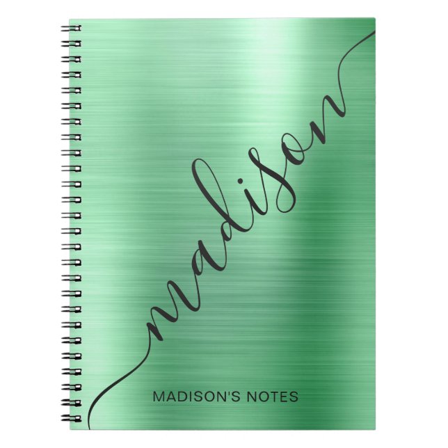 Modern Green Metal Monogram Signature Script Name Notebook (Front)