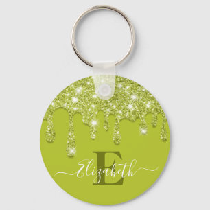 Modern Green Mint Drips Glitter Monogram Key Ring