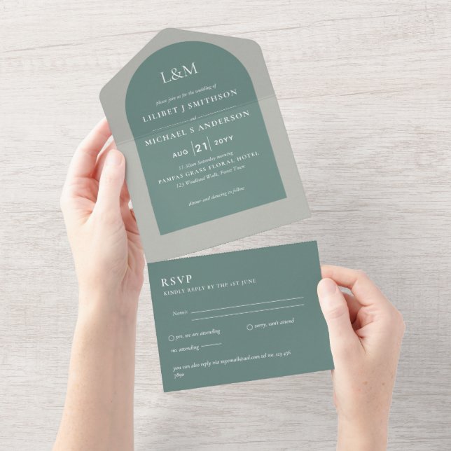 Modern Green Monochrome Wedding All In One Invitation (Tearaway)