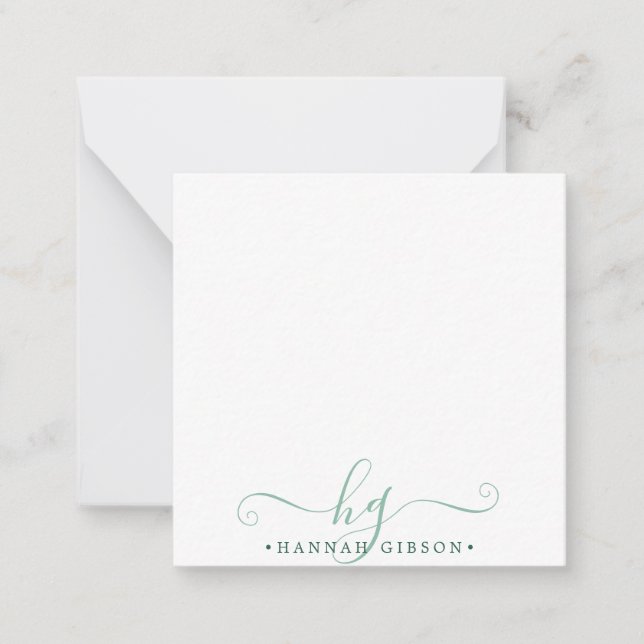Modern Green Monogram Fancy Script Initials Card (Front)