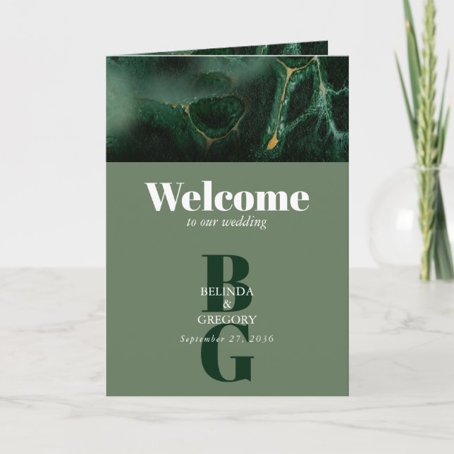 Modern Green Monogram Order of Service Program (Front)