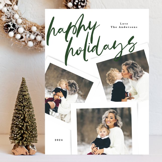 modern green multi photo collage brush happy holiday card (Creator Uploaded)