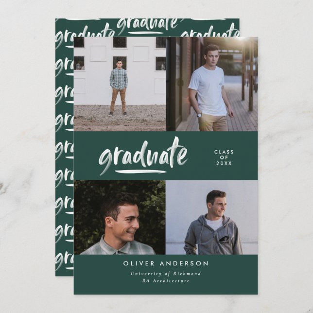 Modern green multi photo typography graduation invitation (Front/Back)