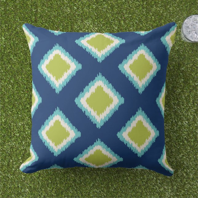 Modern Green Navy Blue Diamond Ikat Pattern Cushion (Grass)