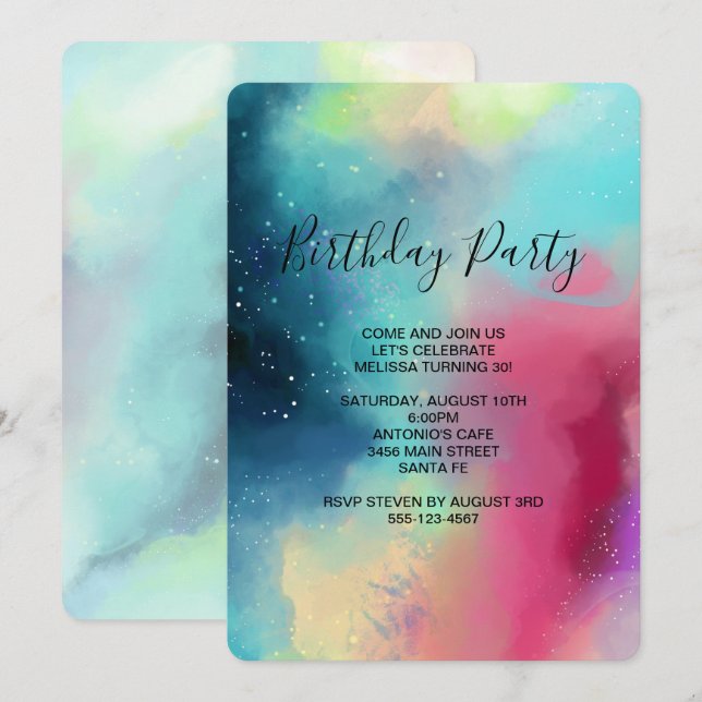 Modern Green Nebula Watercolor Abstract Birthday Invitation (Front/Back)