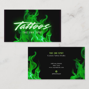 Modern Green Neon Flames Tattoo Artist Business Card