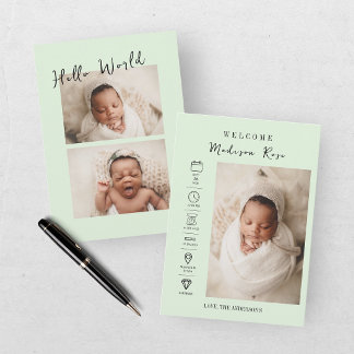 Modern Green Newborn 3 Photo Birth Stats Announcement