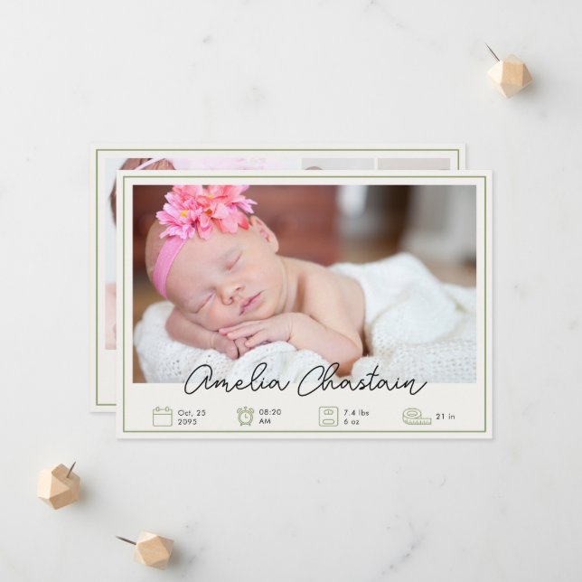 Modern Green Newborn Baby Photo Collage Birth  Announcement (Front/Back In Situ)