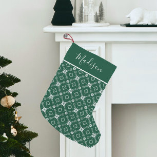 Modern Green Nordic Snowflake Personalised Small Christmas Stocking