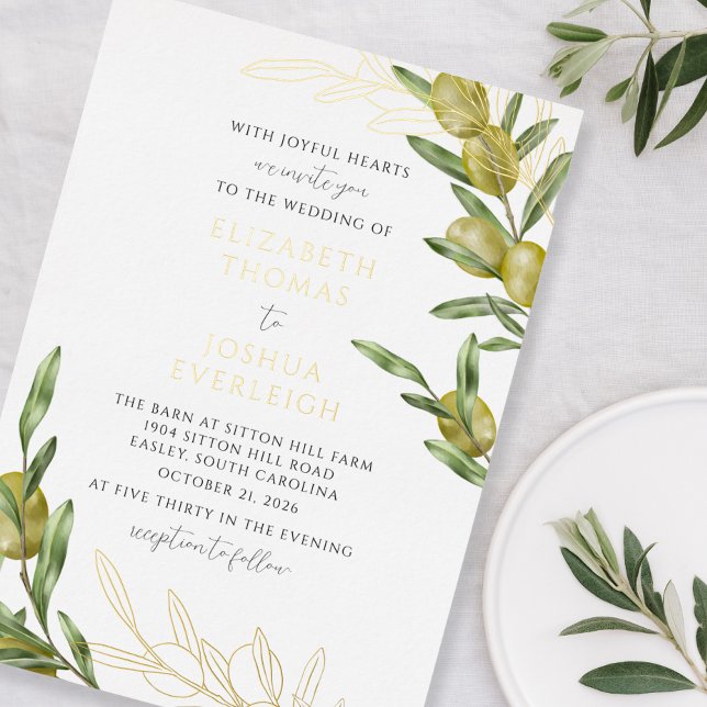 Modern Green Olive Branch Wedding Foil Invitation (Creator Uploaded)