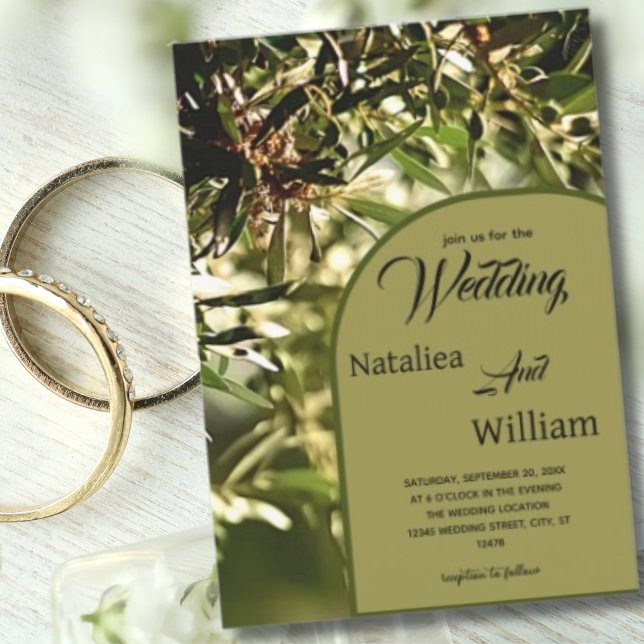 Modern Green Olive Tree Background Wedding  Invitation (Green Olive Tree Background Arch Wedding invitation )