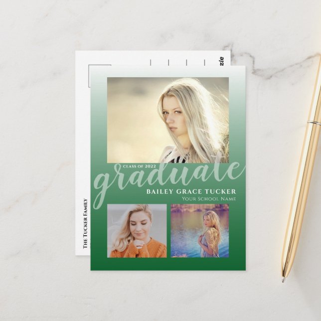 Modern Green Ombre Graduate Graduation Party Postcard (Front/Back In Situ)