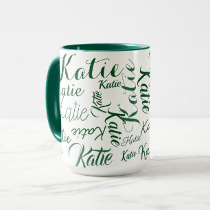 modern green on white handwritten names mug