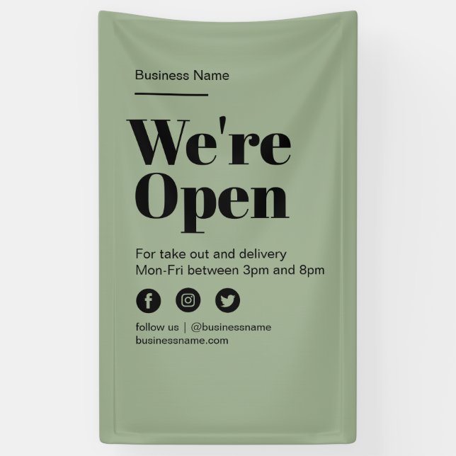 Modern Green Open For Business Take Out Delivery Banner (Vertical)